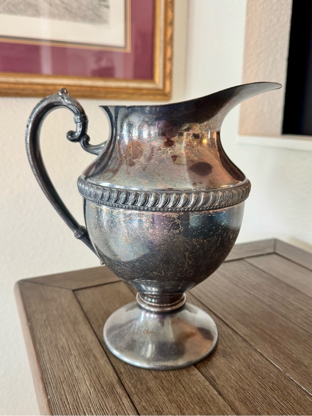 Vintage Silver-Plated Decorative Pitcher Rope Twist Rim with Pantina